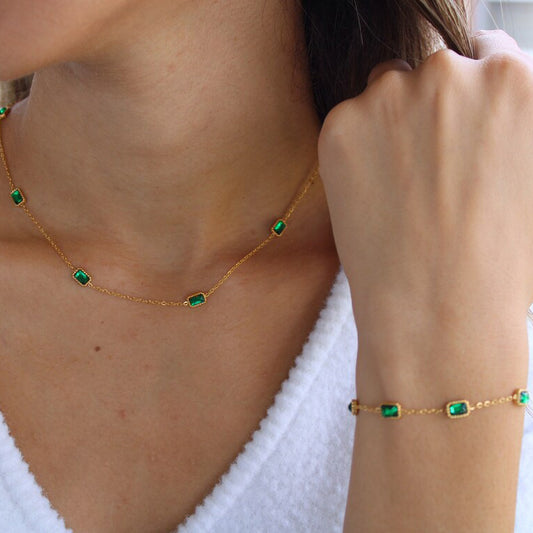 Square Emerald Zircon Necklace & Bracelet